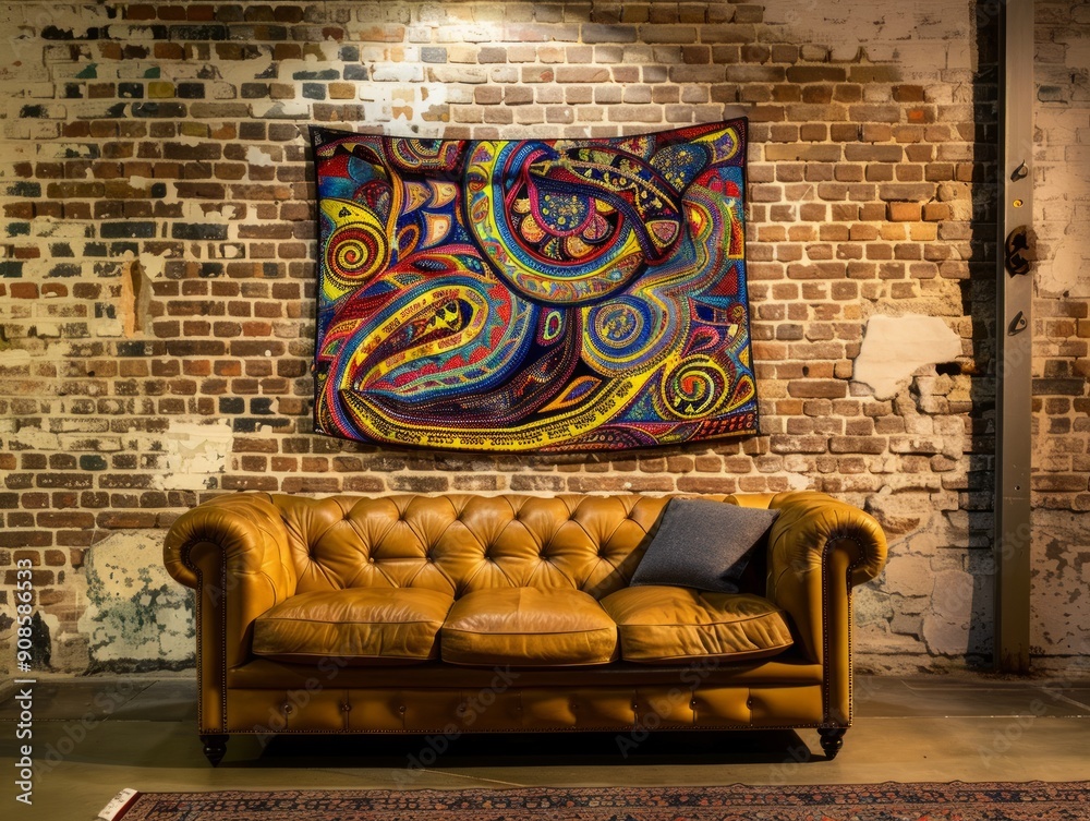 Canvas Prints A colorful tapestry hangs on a brick wall above a brown couch