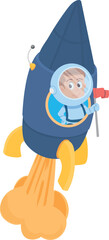 Boy flying on rocket. Kid astronaut. Space exploration