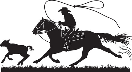 A Silhouette of a Cowboy Riding a Running Horse Roping a Calf in Action