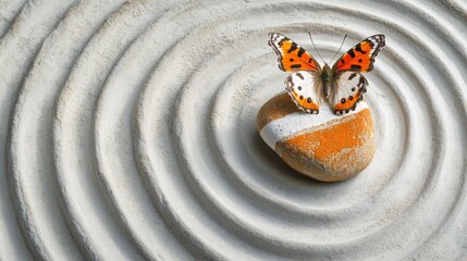 Fototapeta na wymiar A vibrant butterfly rests on a stone in a sand garden with concentric circles.