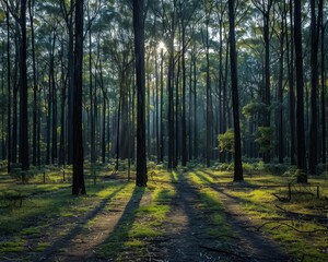 Obraz premium A shadowed forest with tall trees casting intricate patterns on the forest floor, captured at twilight, Photography, Soft lighting, Enigmatic ambiance