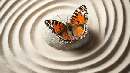 Fototapeta na wymiar A vibrant butterfly rests on a stone in a sand garden with concentric circles.