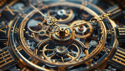 Obraz premium A zoomed view of a clock face showing intricate gears and hands, capturing every tiny detail, Photography, High resolution, Mechanical precision