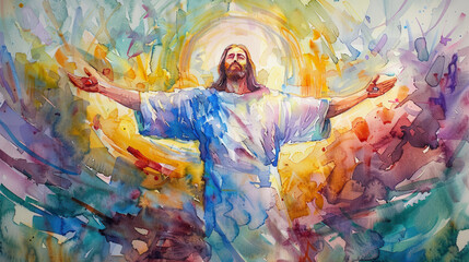 A watercolor depiction of Jesus Christ, serene face, arms open wide, surrounded by radiant light, colorful swirls