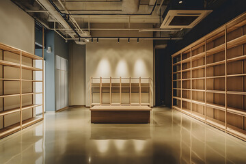An empty retail space with wooden shelves and bright lighting, ready for a new business or store setup, highlighting opportunities and potential