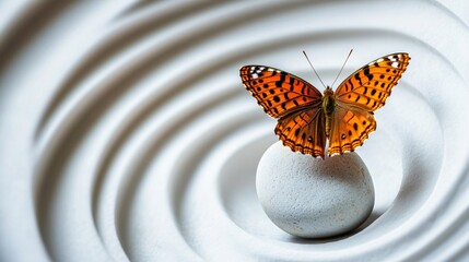 Fototapeta na wymiar A vibrant butterfly rests on a stone in a sand garden with concentric circles.