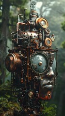 Fototapeta premium Steampunk Clockwork Head in a Forest