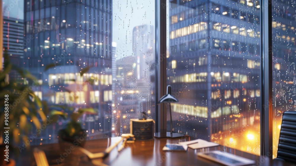 Wall mural a window view of a city with rain falling on the glass