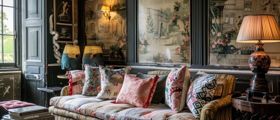 A living room with a couch and a lamp