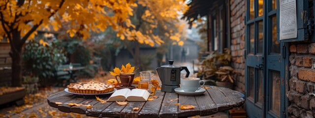 cozy outdoor table with cups, tea pot, book and apple pie on blurred background of countryside house. atmosphere for relax. tea autumn party in garden. banner