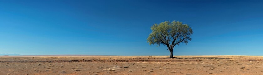 An isolated tree in the middle of a vast, empty desert with a clear blue sky, Photography, High detail, Solitary ambiance