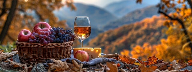 outdoor picnic with wine, grapes and cheese on blurred autumn background. fall season concept. romantic getaway, peaceful atmosphere. banner