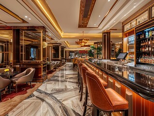 A luxurious hotel bar with plush seating, marble countertops, and an impressive selection of fine wines and spirits, creating an elegant and refined atmosphere.
