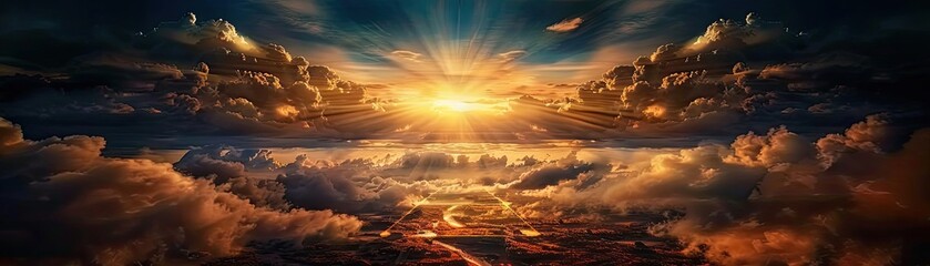 Breathtaking sunrise over clouds, casting warm light and illuminating the serene sky. A stunning moment of natural beauty.