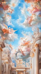 Baroque Splendor: Celestial Ceiling Fresco with Azure Sky and Divine Figures. Opulent Architectural Masterpiece in Luxurious Interior Design. Cultural Heritage and Artistic Magnificence in Ornate Deco