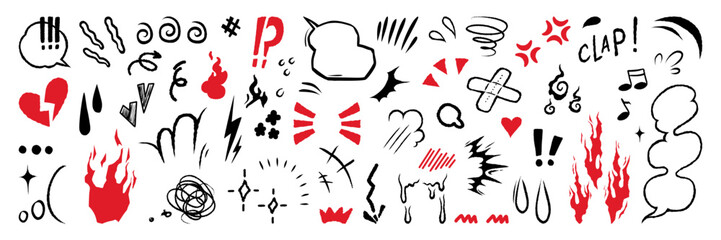 Set of anime emotion effect. Hand drawn texture and fur lines. Line movement vector element.