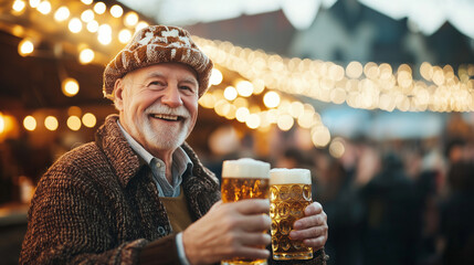 Cheerful elderly man, dressed in traditional Bavarian attire, joyfully enjoying a beer at Oktoberfest in Munich, Germany. Festive lights in the background add to the lively atmosph