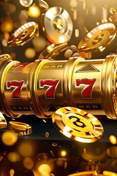 vertical slow motion video of A gold slot machine featuring a jackpot win and a gold coin in blurred casino background
