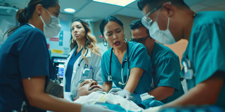 A team of medical professionals in a hospital emergency room working diligently to provide urgent care to a patient lying on a stretcher.