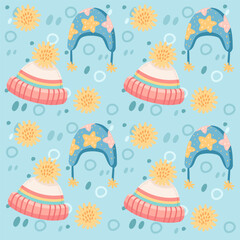 Bright seamless pattern with warm hats with flowers. Playful design for textiles, wrapping paper, or products. Vector illustration