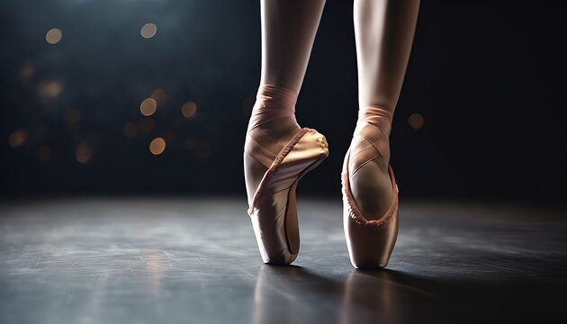 ballerina's legs with pink ballet shoes dancing on stage