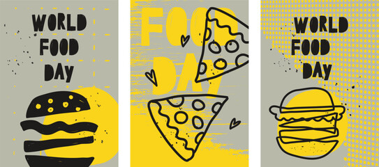 World Food Day. Food Day creative ads, International Food Day. Set of hand drawn posters, creative design with fastfood. template design in doodle style. Cheeseburger and pizza, delicious food.