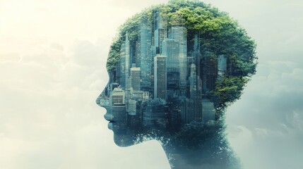 A conceptual 3D illustration depicting a human head fused with a sleek skyscraper. The design artistically combines facial features with architectural elements, creating a harmonious blend of nature