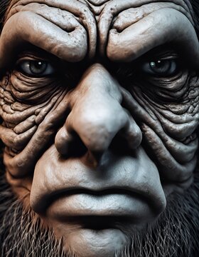 close-up of extremely wrinkly old face of angry man from folklore