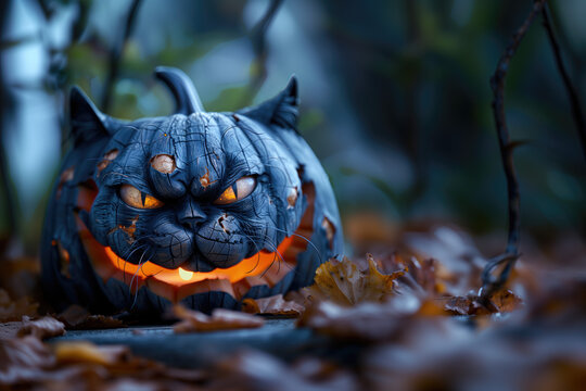 Calabaza convertida en la cara de un gato azul medianoche terror&iacute;fico con una vela encendida en su interior, en un jard&iacute;n con hojas secas, a nivel del suelo, fondo para decorar, pantalla, Halloween 