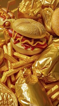 Video concept showcasing fast food with a VIP touch: donuts, ice cream cones, burgers, fries, and hot dogs in glossy, three-dimensional gold. Ideal for luxury food advertising with a classic American 