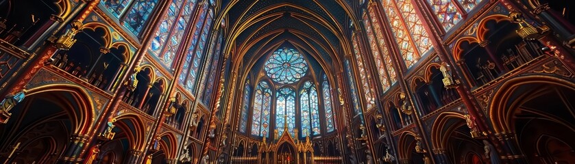 Obraz premium Majestic cathedral interior with detailed stained glass windows, elaborate frescoes, and gothic architecture, richly decorated, vibrant colors, Realism, Ornate, Digital Art