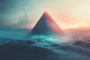 Futuristic surreal landscape with pyramid.