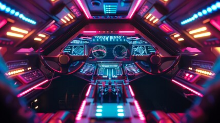 Spaceship cockpit with holographic displays, neon lights, front angle, futuristic study
