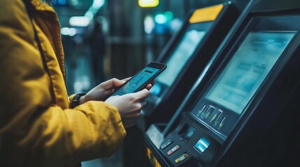A person uses a smartphone at a modern airport electronic self-service kiosk, showcasing ease of technology integration in travel and self-service systems for convenience.