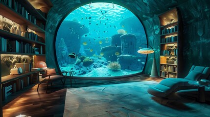 Underwater study room with fish views, ambient light, dome lens, serene focus