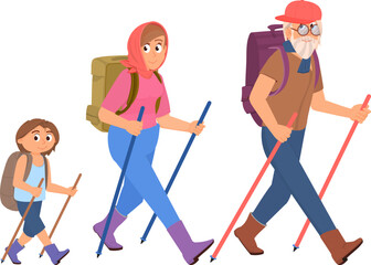 Travelers walking with sticks . Different generations tourist characters