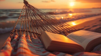 Beachside hammock with book, sunset, close up, calm relaxation