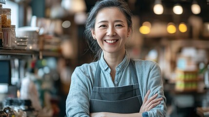 Asian woman in an apron adult outerwear happiness.
