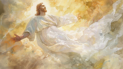 A watercolor painting of Jesus Christ, with a serene expression, ascending towards the heavens, white robes flowing gracefully, ethereal light surrounding him