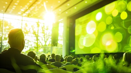 Green computing seminar, soft conference light, speaker view, enlightening event photo