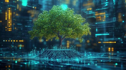 Tree growing on Circuit digital cube Digital and Technology Convergence Blue light and Wireframe network background Green Computing Green Technology Green IT csr and IT ethics Concept : Generative AI