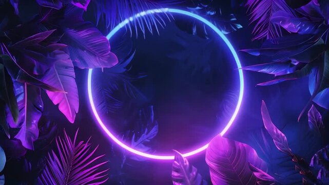 Video with neon-framed tropical palm leaves in pink and purple, featuring a round frame. Perfect for Instagram stories and exotic, beach-themed content.