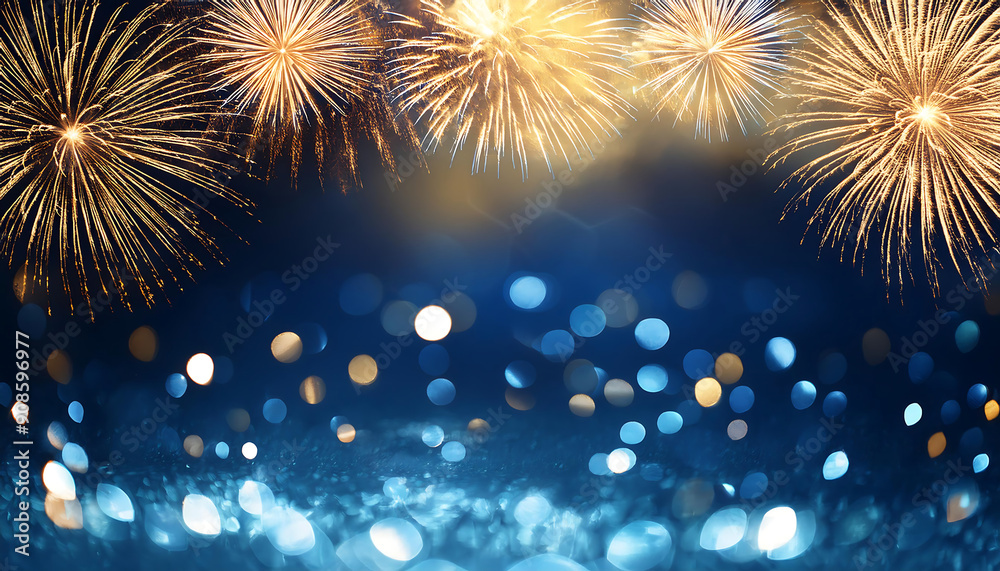 Aufkleber  Gold and dark blue Fireworks and bokeh in New Year eve and copy space. Abstract background _1(280)