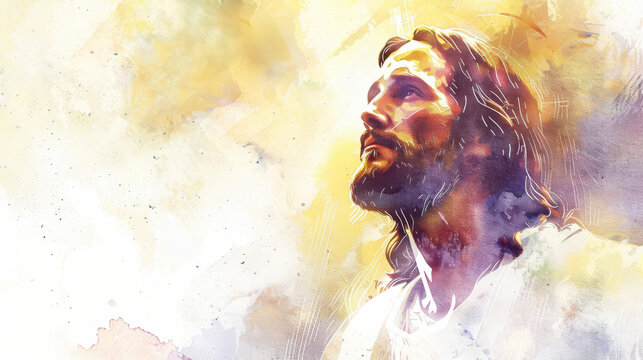 A watercolor painting of Jesus Christ, with a serene expression, ascending towards the heavens, white robes flowing gracefully, ethereal light surrounding him