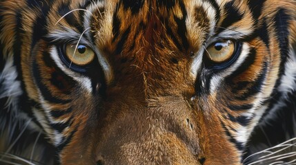 Close up view of the tiger's sharp gaze. Tiger eyes animal predator carnivore.