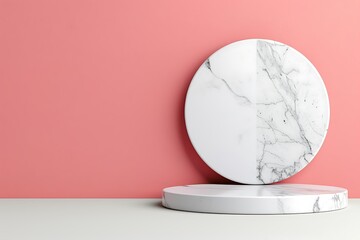 Marble Minimalism: A pristine white marble podium, with a circular top, stands against a soft pink backdrop, creating a clean, modern aesthetic for product displays or design concepts. 
