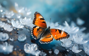 Obraz premium Beautiful butterfly on an icy flower background