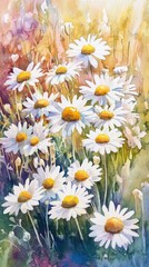 Fototapeta premium A vibrant watercolor painting of daisies in a colorful field, showcasing their delicate petals and sunny centers.