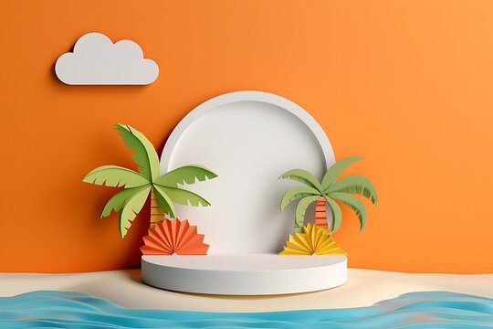 Tropical Paradise Podium: A 3D render of a pristine white podium nestled between vibrant palm trees, set against a backdrop of azure waters and a sunny orange sky, perfect for showcasing summer produc