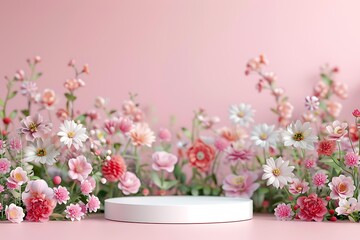 Blooming Beauty: A white podium amidst a vibrant field of pastel flowers, set against a soft pink backdrop. Perfect for showcasing beauty or spring products! 